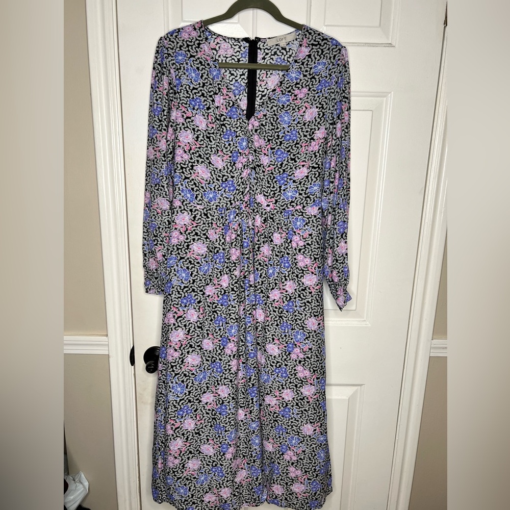 LOFT Black, Pink and Purple Floral Midi Dress
